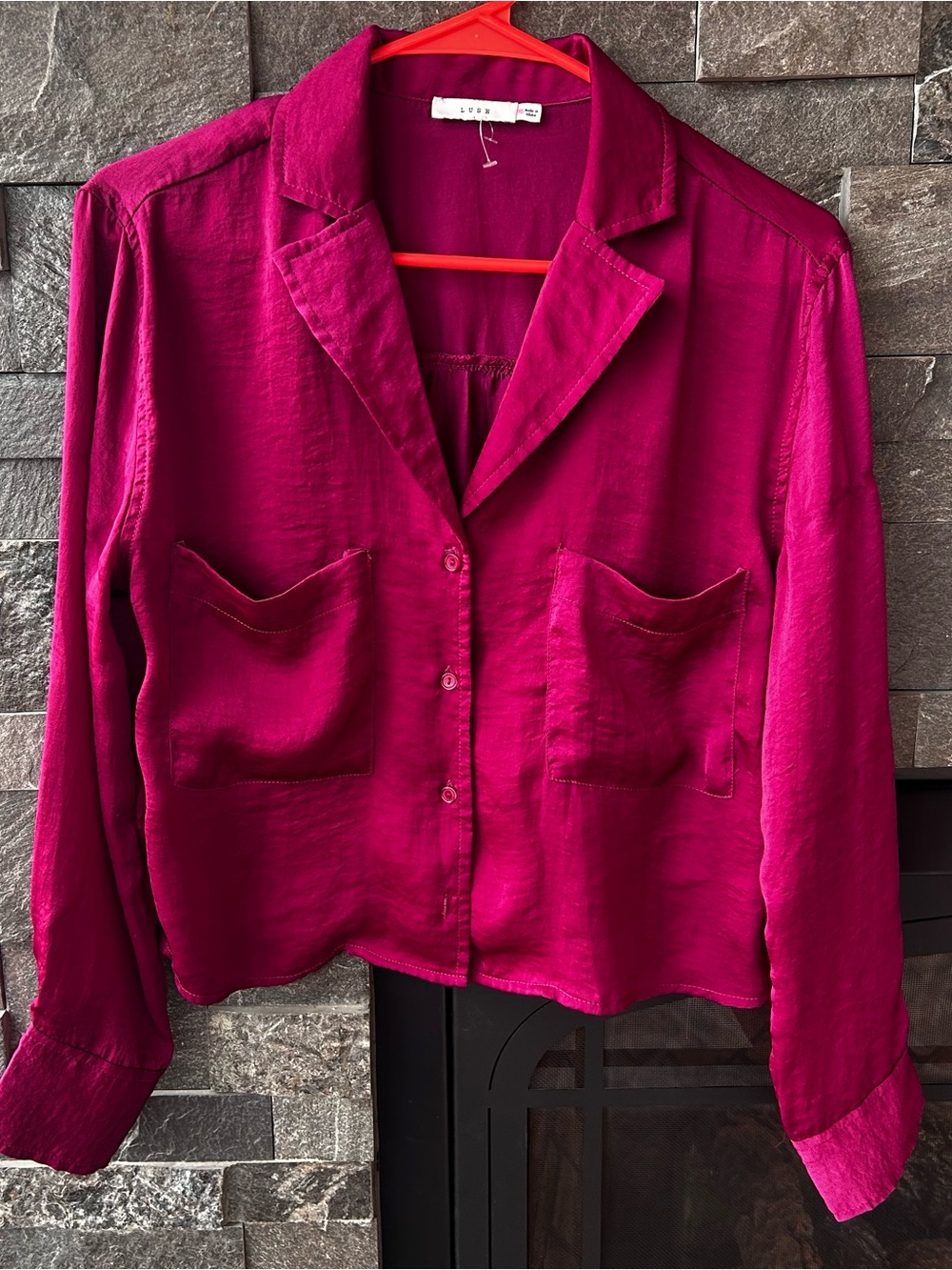 Lush Satin Cropped Button-Down Shirt in Deep Magenta/Fuchsia